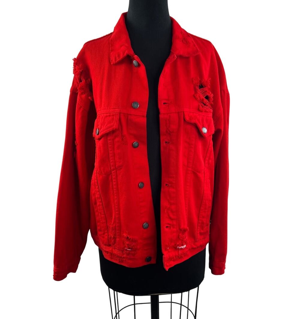 CARMAR LF Store Red Denim Jacket Cotton Distressed Collared Button Size Medium M